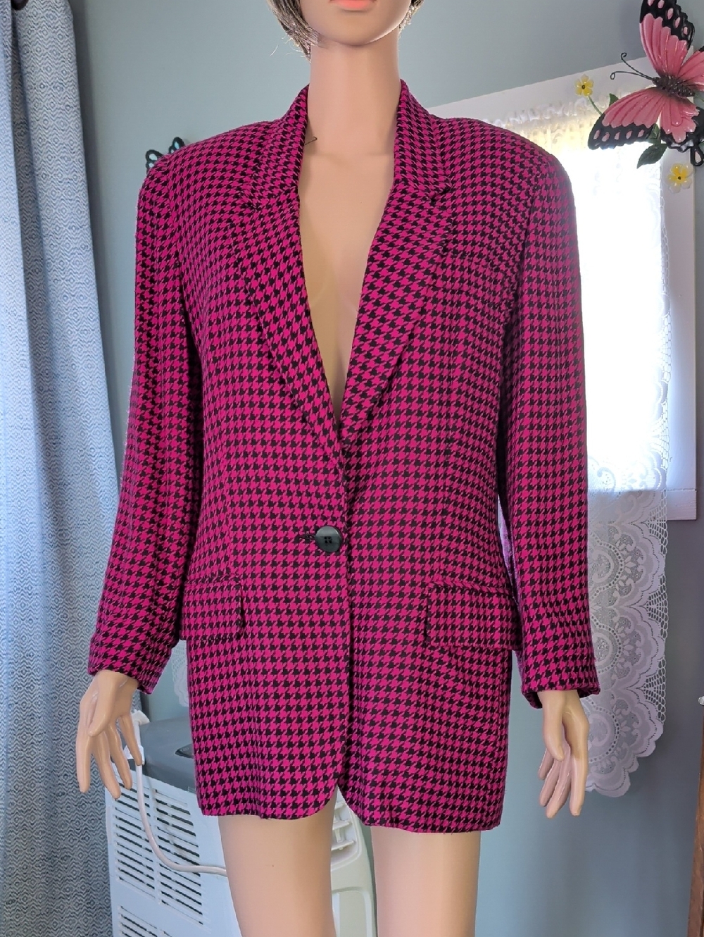 Vintage, Ann Taylor Studio Pink and Black Houndstooth Jacket